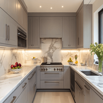 Contemporary U-Shaped Kitchen Design With Marble Backsplash and Grey Cabinets
