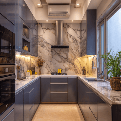 Contemporary U-Shaped Kitchen Design with Stone Backsplash