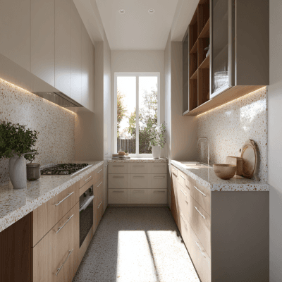 Contemporary U-Shaped Kitchen Design with Terrazzo Countertop