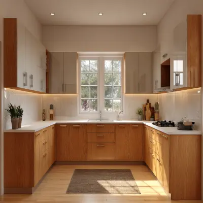 Contemporary U-Shaped Kitchen Design with Warm Wood and Champagne Cabinets
