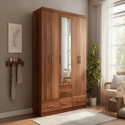 Contemporary Walnut 4-Door Swing Wardrobe Design with Full-Length Mirror