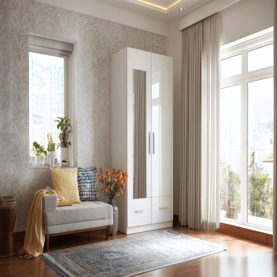 Contemporary White 2-Door Swing Wardrobe Design with Tall Cabinets and a Full-Length Mirror Panel