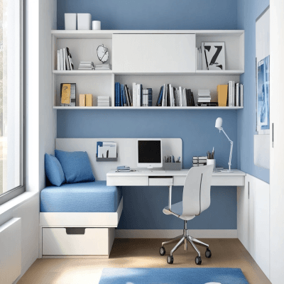 Contemporary White And Blue Study Room Design With Wall-Mounted Open Storage