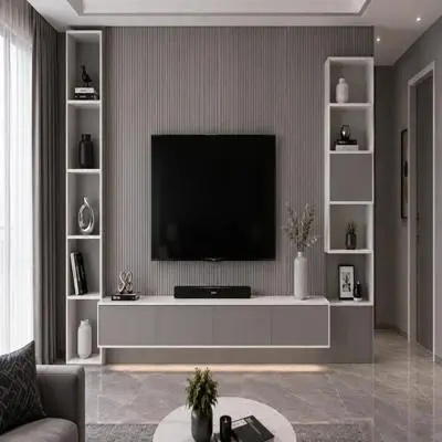 Contemporary White And Grey Themed TV Unit Design