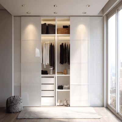 Contemporary White Sliding Wardrobe Design With High Gloss and Loft Storage