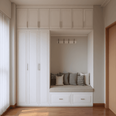 Contemporary White Swing Wardrobe Design with Seating and Loft