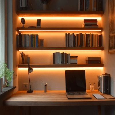 Contemporary Wooden Study Room Design With Wall-Mounted Shelves And LED Lights