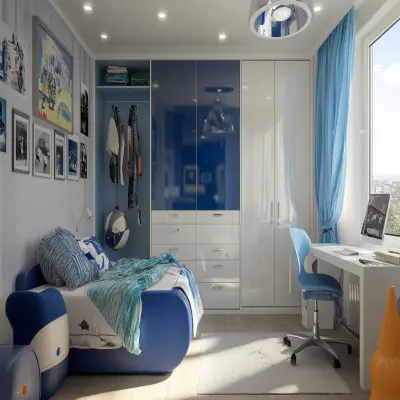 Contemporay Boys Room Design With Blue And White Swing Wardrobe