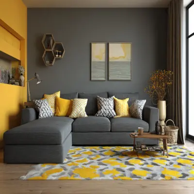Cosy Grey and Yellow Wall Colour Combination for Living Room with Sectional Sofa and Abstract Rug