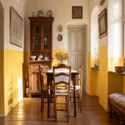 Cosy Yellow and White Wall Colour Combination for Dining Room with Wooden Chairs and Vintage Cabinet