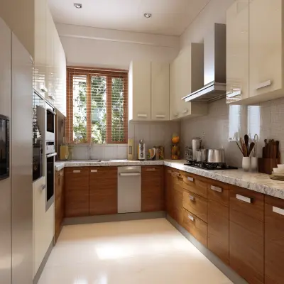 Cream and Teak Contemporary L-Shaped Kitchen Design With Granite Countertop