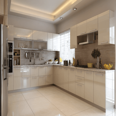 Cream Contemporary L Shape Kitchen Design with Granite Countertop and Corner Pantry Drawers