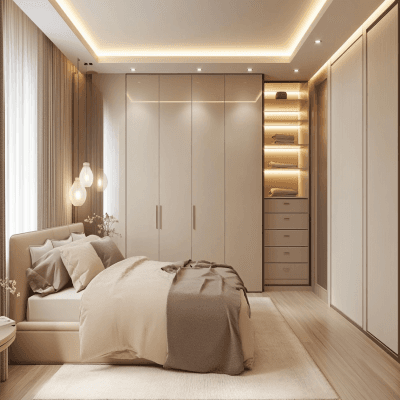 Cream Matte Modern Swing Wardrobe Design with Loft Storage