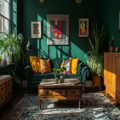 Deep Emerald Green Wall Paint Design for Eclectic Living and Dining Rooms