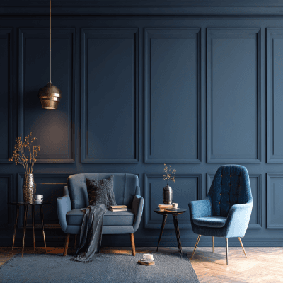 Deep Navy Blue Wall Paint Design with Panelling for Mid-Century Modern Look