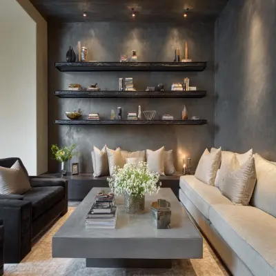 Dramatic Charcoal and Beige Wall Colour Combination for Living Room with Concrete Coffee Table and Metal Shelves