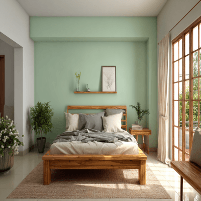 Dramatic Mint Green and Cream Wall Colour Combination for Bedroom with Wooden Bed and Minimal Side Table
