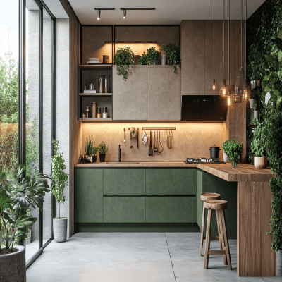 Earthy Toned Modern L-Shaped Kitchen Design with Warm Green Accents