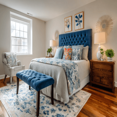 Eclectic Bedroom Design With A Queen Size Bed With A Blue Velvet Headboard