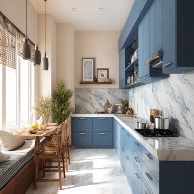 Elegant Beige and Blue Wall Colour Combination for Kitchen with Marble Countertop and Modular Cabinets
