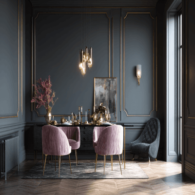 Elegant Charcoal Grey and Gold Wall Colour Combination for Dining Room with Glass Dining Table and Velvet Chairs