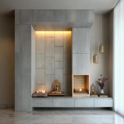 FloorMounted Minimal Grey Pooja Design with BuiltIn Niche and Wall Paneling