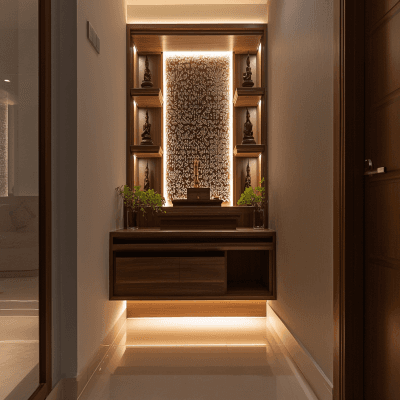 Free-Standing Contemporary Pooja Room Design with Ornate Shelves and Lighting