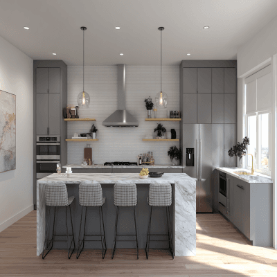 Gloss Finish Grey Contemporary Island Kitchen Design with Quartz Countertops