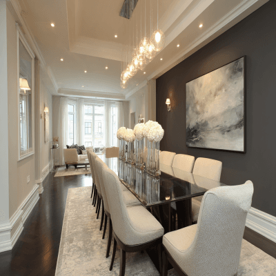 Graceful Black and White Wall Colour Combination for Dining Room with Glass Table and High-Back Chairs
