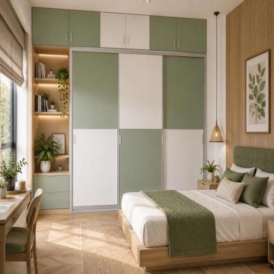 Green and White Sliding Door Modern Wardrobe Design with Loft