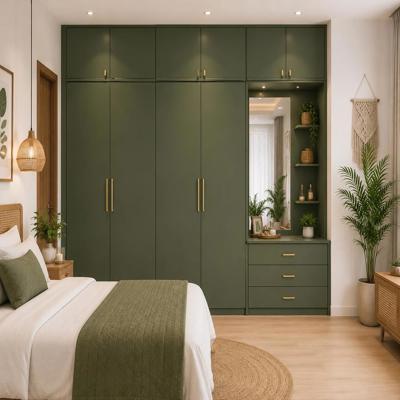 Green Straight Hinged Modern Wardrobe Design with Loft and Dresser