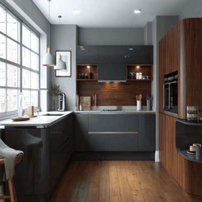 Grey and Walnut Contemporary L Shape Kitchen Design with Extensive Cabinetry
