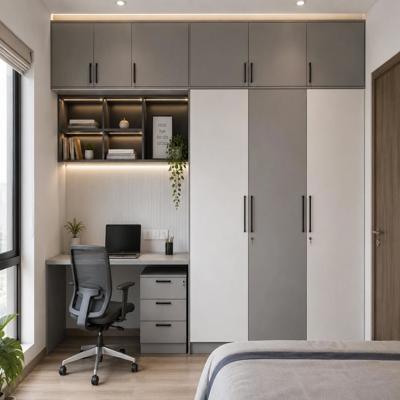 Grey and White Hinged Modern Wardrobe Design with Loft and Study