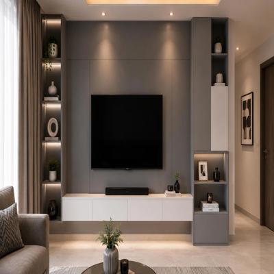 Grey And White Modern TV Unit Design With Storage Shelf