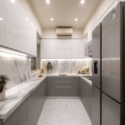 Grey and White U-Shaped Modern Kitchen Design Featuring Marble Countertop and Cabinets
