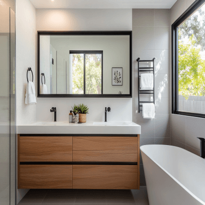 Grey and Wood Modern Bathroom Design with Black-Framed Mirror