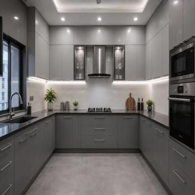 Grey Colour Toned Modular Kitchen With Spacious Layout