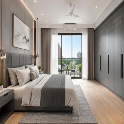 Grey Modern Spacious Master Bedroom Design with Sliding Door Balcony