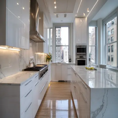 High-Gloss Contemporary L-Shaped Kitchen Design With Quartz Top