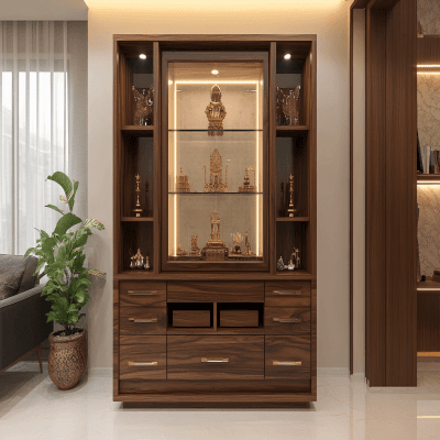 Indian Traditional Pooja Room Design with Glass-Framed Idol and Drawers