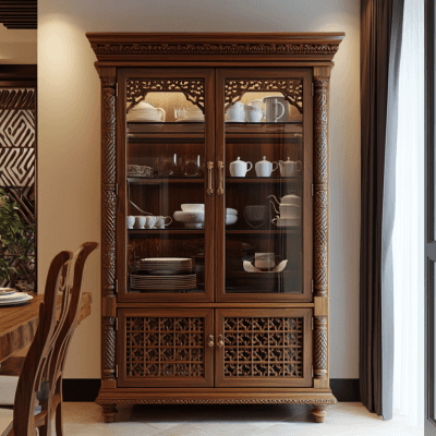 Indian Traditional Wooden Crockery Unit Design with Glass Doors