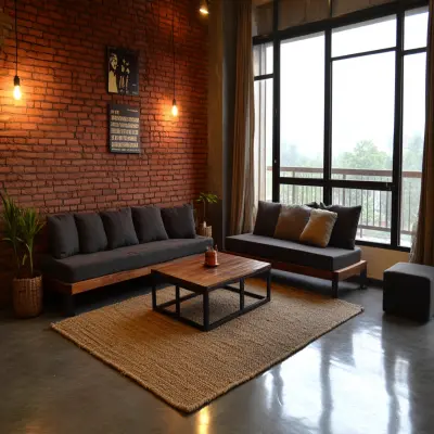 Industrial Living Room Design with Textured Sofa and Brick Accent Walls