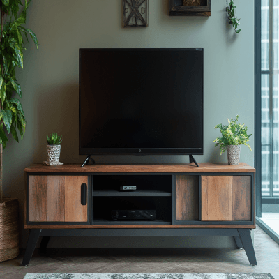 Industrial TV Unit Design With Metallic And Wooden Frame in Black and Brown