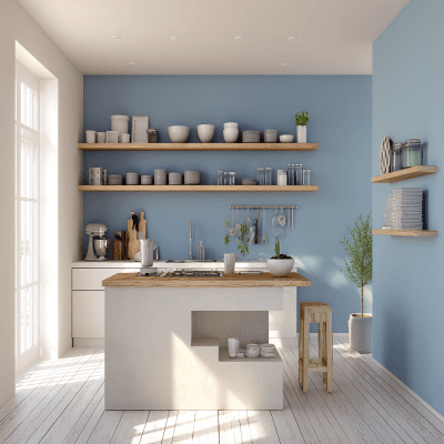Inviting Light Blue and White Wall Colour Combination for Kitchen with Open Shelving and Island Counter