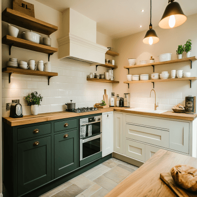 L-Shaped Classic Kitchen Design with Highland Green and Off White