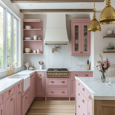 L-Shaped Contemporary Kitchen Design with Antique Pink Cabinets