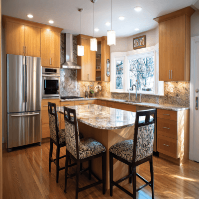 L-Shaped Contemporary Kitchen Design With Full-Height Cabinets and Granite Countertop
