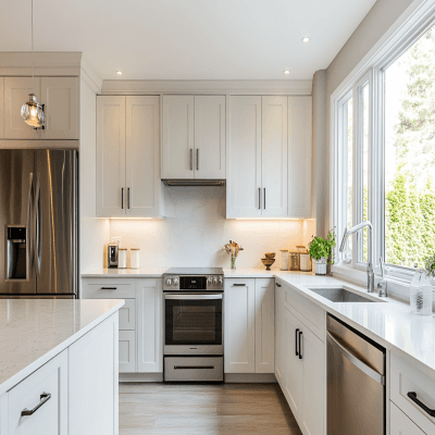 L-Shaped Contemporary Kitchen Design With Irish Cream and White Tones