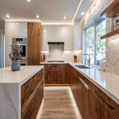 L-Shaped Contemporary Kitchen Design with Walnut Base and Geometric Backsplash