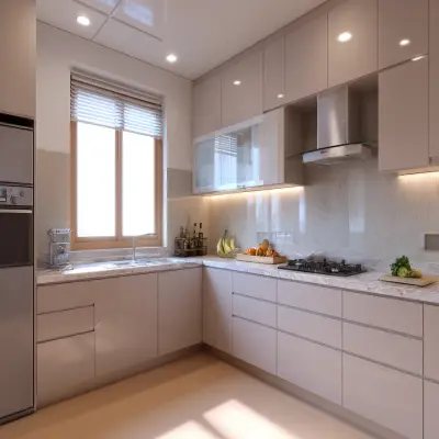 L-Shaped Kitchen Design with PU in Matte Finish Shutters